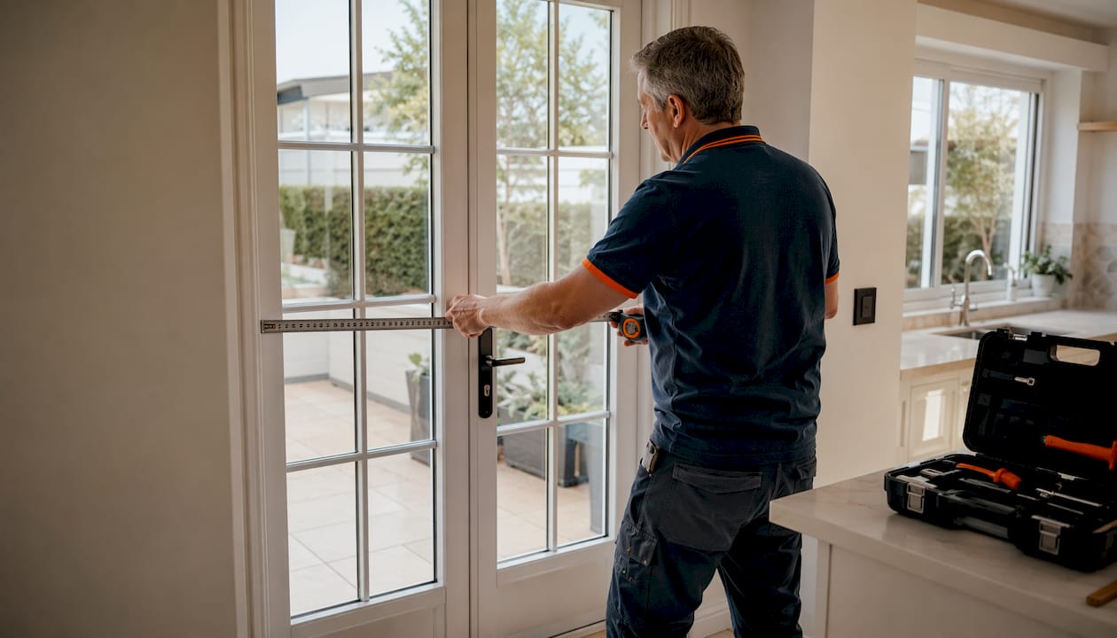 Installer measuring French door on home porch