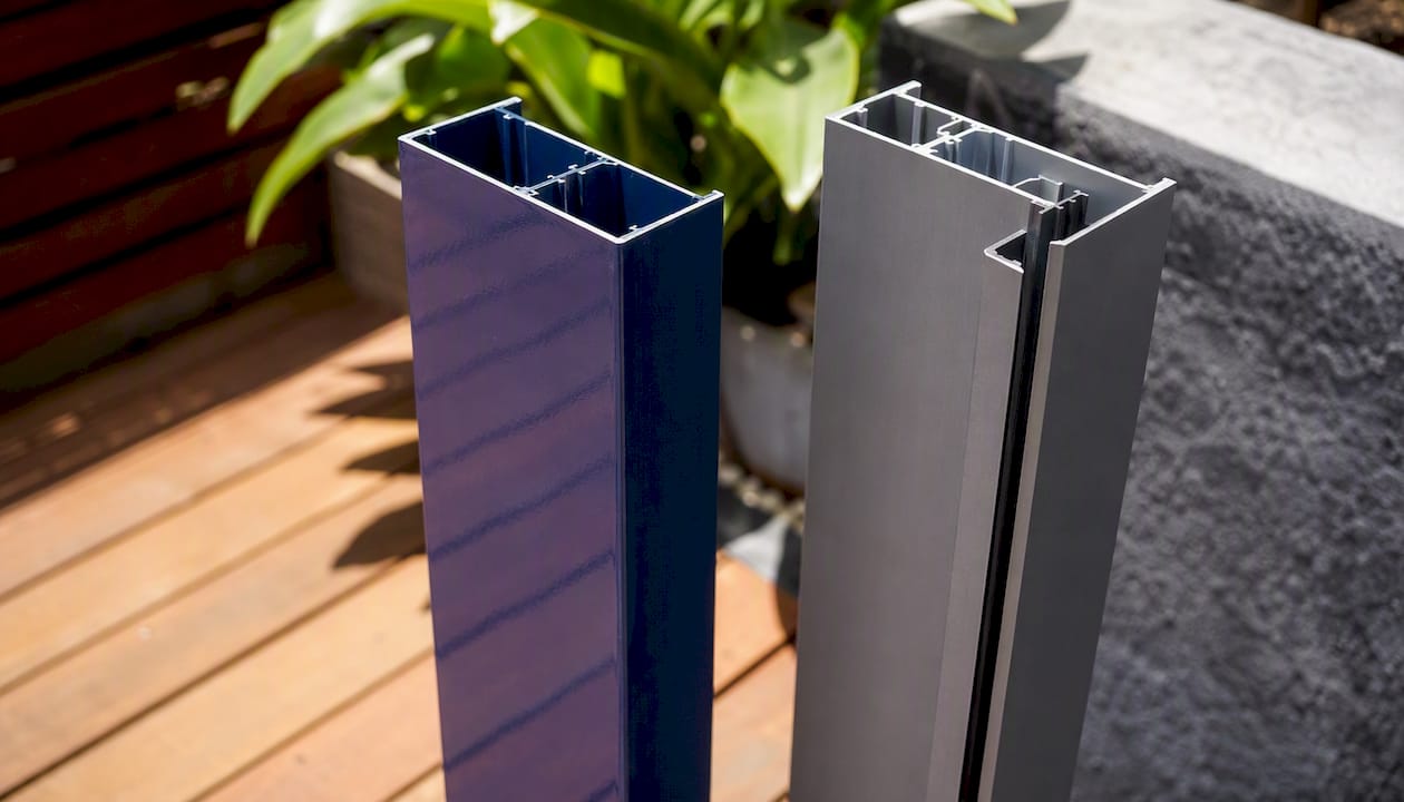 Close-up of powder coated and anodised aluminium finishes