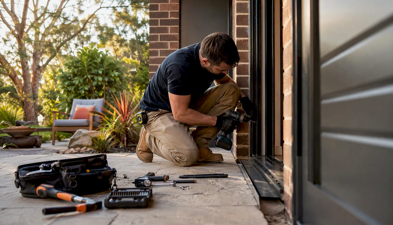 Installer fitting security door frame