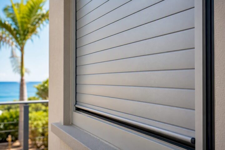 Close-up of aluminium roller shutter on house window