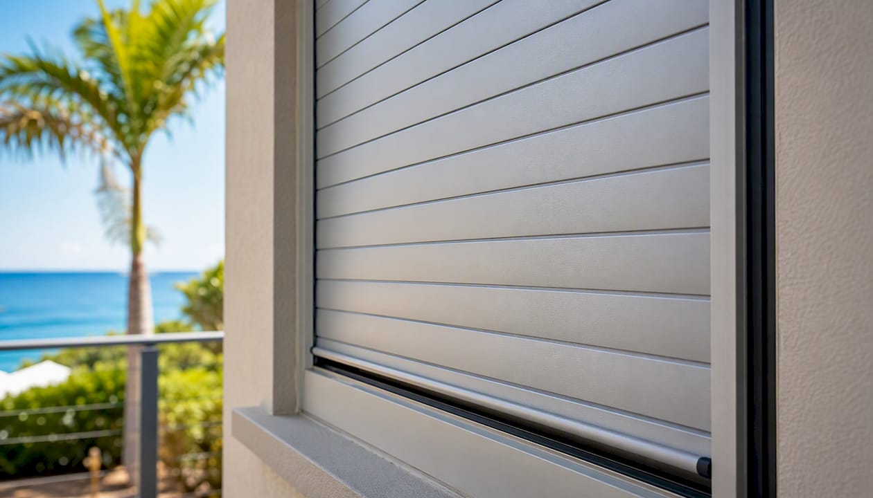 Close-up of aluminium roller shutter on house window