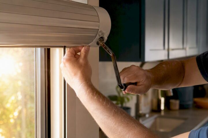 Hands manually overriding roller shutter with crank