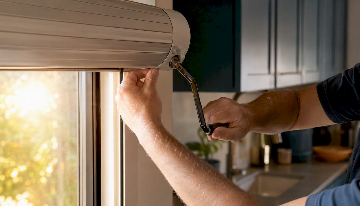Hands manually overriding roller shutter with crank