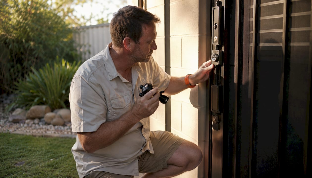 Man inspecting front door security at Australian home