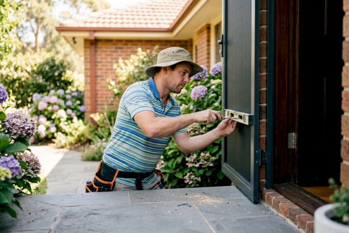 Tradesman installing powder coated security door