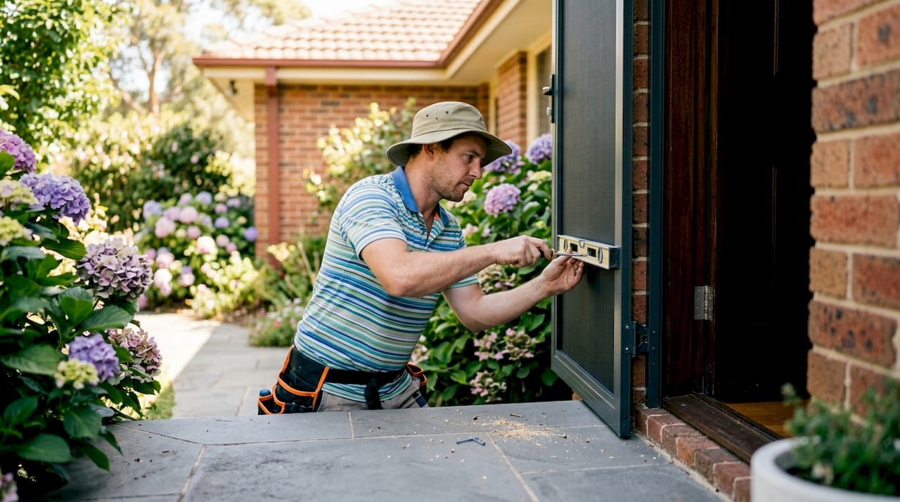 Tradesman installing powder coated security door