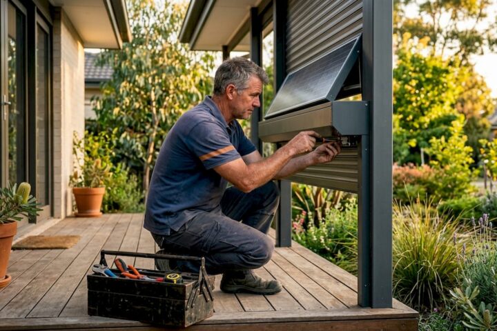 Man inspecting solar roller shutter installation
