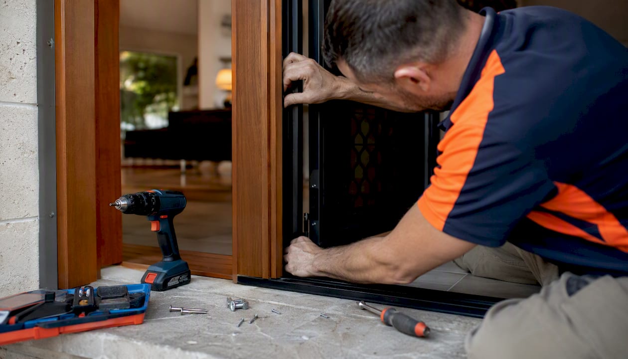 Hands installing security door frame at home entry