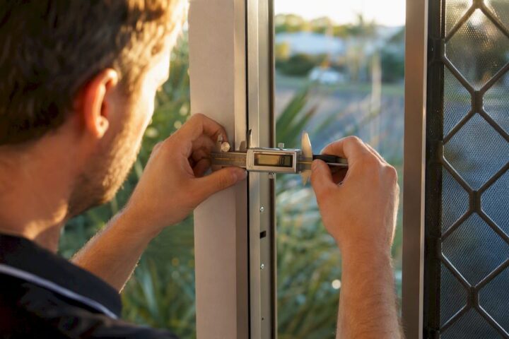 Hands inspecting doorframe measurements for security screen