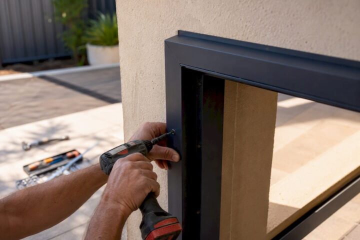 Hands installing security door frame corner
