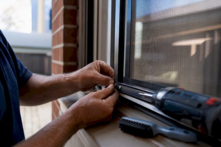 Hands fixing window security screen frame close-up